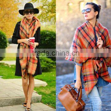 New Design Fashion Woman Orange Plaid Cashmere Square Shawl