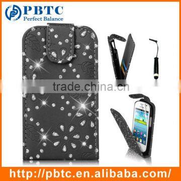 Set Screen Protector Stylus And Case , Bling Black Leather Wallet Cover For Samsung Galaxy Fame S6810