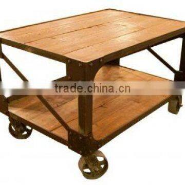 SUZZIE INDUSTRIAL LIVING ROOM COFFEE TABLE , WOODEN COFFEE TABLE ON WHEELS CART