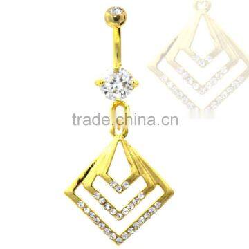 Gold Plated Three Square Dangle Belly Button Ring Navel