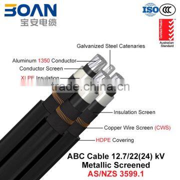 HV ABC Cable, Aerial Bundled Cable, AL/XLPE/CWS/HDPE+GSW, 3/C+1/C, 12.7/22 KV (AS/NZS 3599.1)