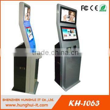 Free standing touch screen kiosk terminal machine with card dispenser passport scanner card reader