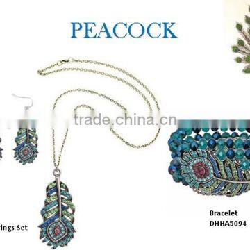 Fashion small link chain with metal crystal peacock neckalce with earrings and bracelet jewelry set ,