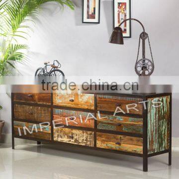 INDIAN IRON BASE RECYCLE WOOD 9 DRAWER CHEST, HOME FURNITURE photo-2