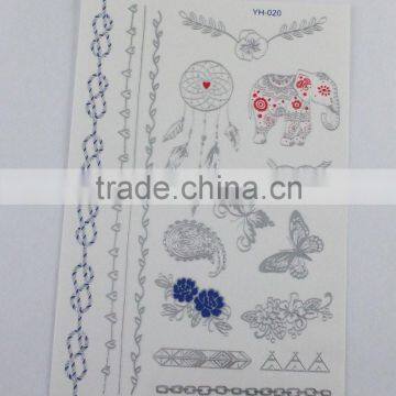 2015 new design 3D Metallic flash temporary tattoo temporary gold foil silver tattoo mixed color with elephant style