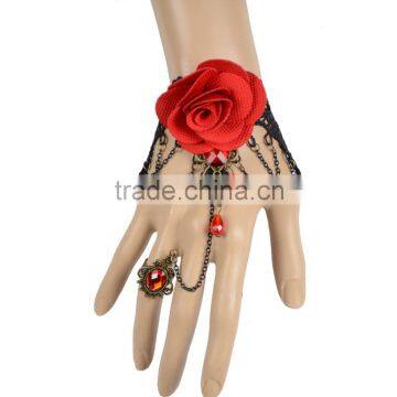 Fashion Red Rose Women Lace Bracelet with Ruby Tassel Alloy Chain Ring