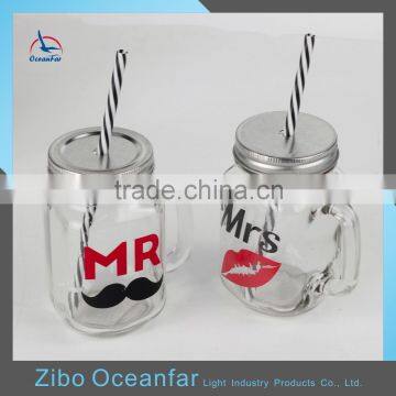 High Quality Decal Water Glass Jar Wholesale Drinking Jar With Straw