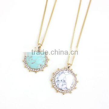 Newest design elegant long chains rhinestone turquoise round pendant necklace