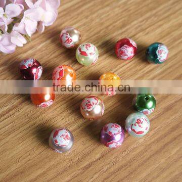 New arrival fancy round loose pearl with printed flower artwork design for fashion jewelry printing design ABS sew on pearl