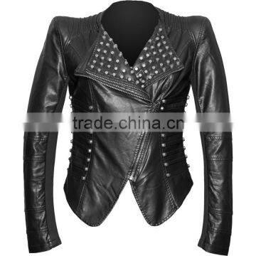 New Women Black Genuine Leather With Silver Studs Jacket Punk Goth