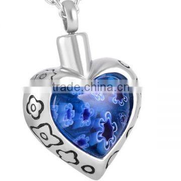 SRP8367-Blue Murano Glass Jewelry Heart Shaped Memorial Keepsakes Stainless Steel Cremation Urn Pendant