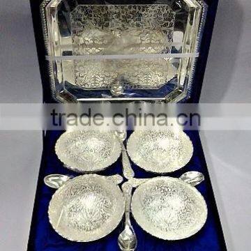 Brass Ice Cream Cups Set With Tray Silver Plated in Gift Box