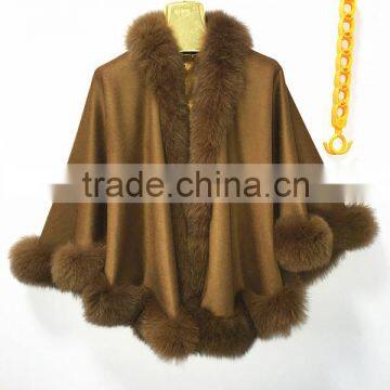 OEM women wholesale hebei camel cashmere and fox fur trim cape