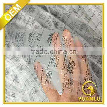 custom soft transparent printed tpu clothng label for jacket, underwear