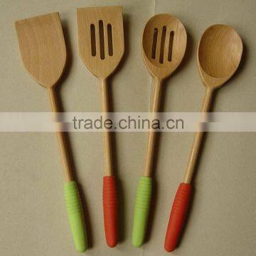 Wood Utensils 4-Pieces Set, Made of Beech Wood With Silicone Sleeve Round Handle