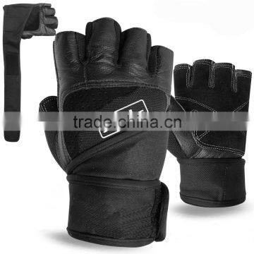 WEIGHT LIFTING GLOVES LEATHER GYM LONG STRAP WORKOUT BODY BUILDING GLOVES BLACK