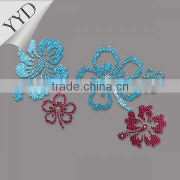 2014 beach flowers glitter with rhinestones heat transfer applique