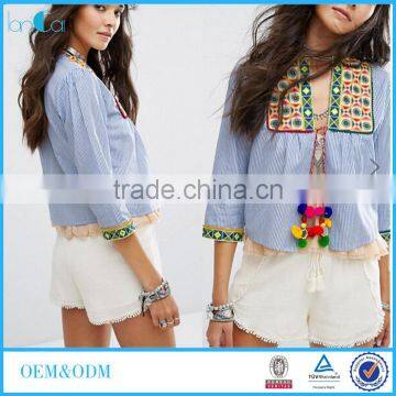 Fancy boho blouse designs blue stripe embroidery shirt blouse for women