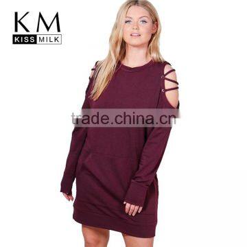 Kissmilk Fashion Plus Size Soild Cold Shoulder Women Dress Casual Hollow out Lace-up Long Sleeve Female Vestidos for Wholesale