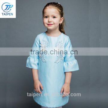 Girls A-line Puff Sleeve Dresss With Flower Pattern Blue Stain Dress Designs For Girl OEM Service photo-2