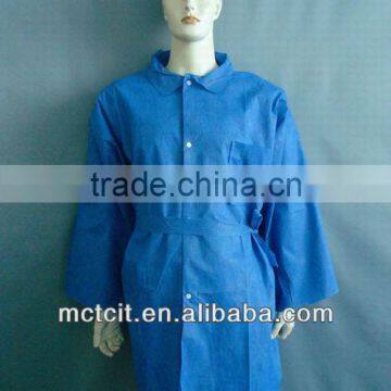 Disposable blue non-woven work clothes with shirt collar & waist tapes and buttons