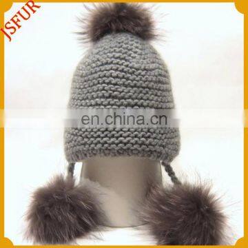 Cute style knitting hat with fur pom poms winter baby hats