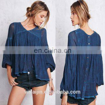 High Quality 3/4 Sleeve Cotton Yarn Babydoll Shirt , Ladies Gauze Shirt photo-2