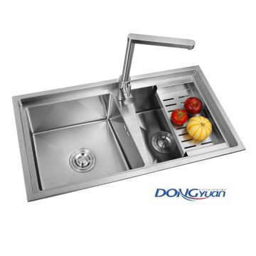 Guangdong Dongyuan Kitchenware 800×430×230mm Brushed Stainless Steel Double bowl Handmade Kitchen Sink (DY-HA484L-8043-R10)