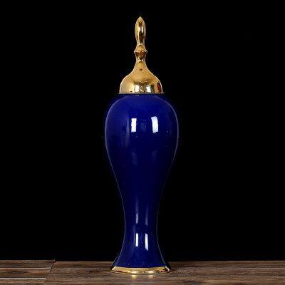 Modern Simple Jingdezhen Gild Large Blue Ceramic Plant Vase For Shopping Mall Decor photo-3