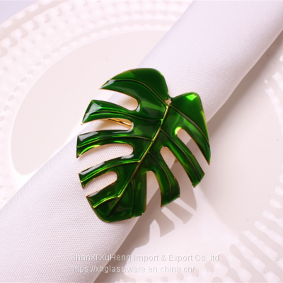 Green Tropical Leaf Shaped Metallic Gold Napkin Rings For Dinner Parties Weddings Family Gatherings or Everyday Use photo-3