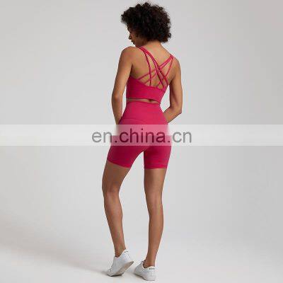 Wholesale Sexy Cross Back Thin Strap Long Line Sports Bra High Waist V Back Peach Hip Two Piece Women Yoga Gym Workout Suit Set