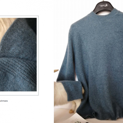 100% Cashmere Crewneck Sweater with Vertical Stripe Design on One Side