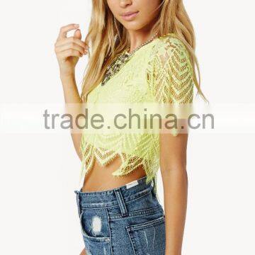 Fancy Ladies Tops Latest Design 2015 Wholesale Neon Lemon Lace Crop Tops for Women photo-3