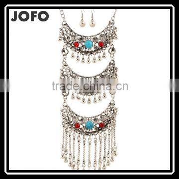 Small Beads Long Tassels Multilayer Turquoise Silver Plating Statement Necklace And Earrings