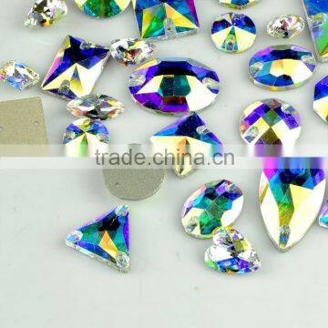 Blue flare sew on crystal AB rhinestones, Silver flat back crystal beads,shaped crystal stones sew on technics for wedding dress