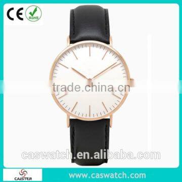 Luxury minimalist design stainless steel leather watch, ultra-thin rose gold plated slim watch, Japan movement quartz watch