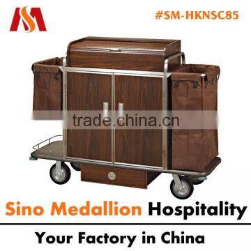 Resorts Hotel Wooden Steel Material Double Bags Housekeeping Serive Trolley with Doors