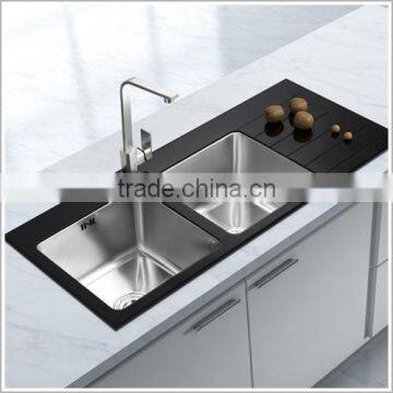 Glass Top Stainless Steel Kitchen Sink, Stainless Steel Tempered Glass Kitchen Sink with Drainboard