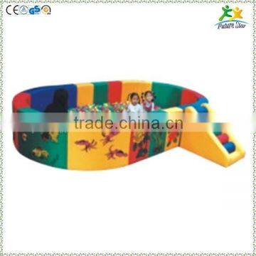 FS-SP-039J customized eco-friendly PVC & EPE & Wood kids elliptical frame pool with ladder and colorful sea-balls