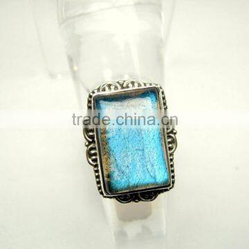 Blue Fire Labradorite Cabochon Gemstone Oxidized 925 Sterling Silver Ring, Black Rainbow Moonstone Designer Nepali Ring