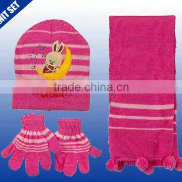 Fancy babies pink color soft and warm knitted scarf hat gloves casquette set