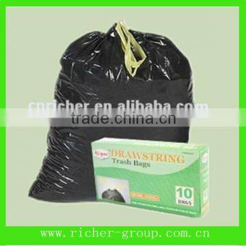 Black biodegrable plastic trash bags with drawstring