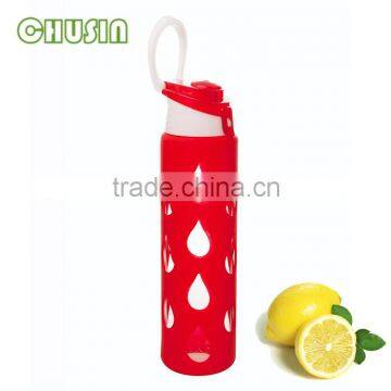 portable glass water bottle with food grade silicone sleeve and straw