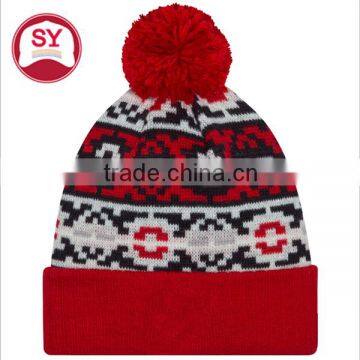 Color-contrasting cuff with pom on top beanie ,Knitted hat