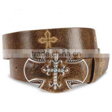 Western Crackled brown leather belt cross stitch distressed leather rhinestones belt