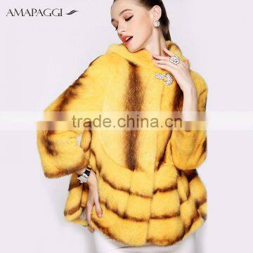 Dyed yellow mink winter coat fur jacket with hood