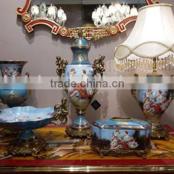 European Design Ceramic Planter of Children Playing Under The Base, Floral Painting Porcelain Compote and Brass Figurine Status photo-5