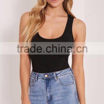 Custom Women Plain Black Cotton Spandex Slim Fit Ladies Basic Black Racer Back Bodysuit photo-5