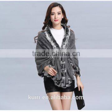 2016 New Design Woman Knitted Shawls With Rex Rabbit Fur Poms Figure Lady Cappa photo-4