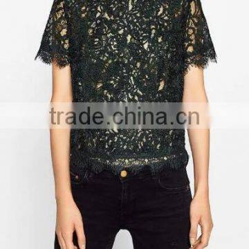 Runwaylover EY2368B Hot Sale 2017 Ladies Hollow Out Shrt Sleeve Lace T-Shirts photo-5